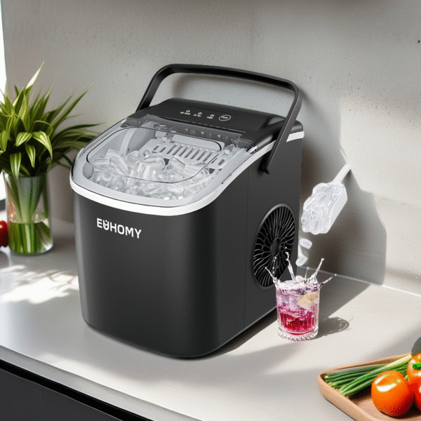 EUHOMY Countertop Ice Maker Machine with Handle, 26lbs in 24Hrs, 9 Ice Cubes Ready in 6 Mins, Auto-Cleaning Portable Ice Maker with Basket and Scoop, for Home/Kitchen/Camping/RV. (Black)